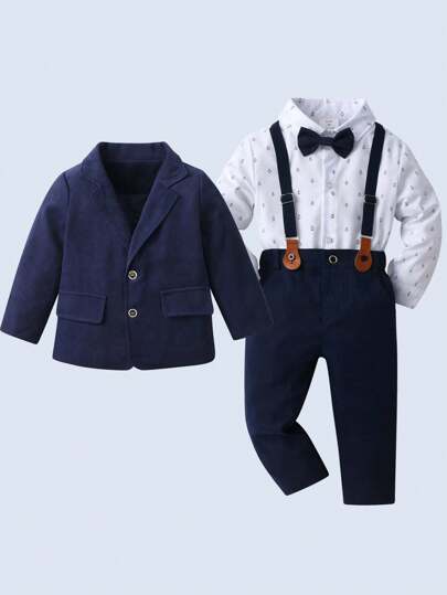 BOARNSEORL 3pcs Baby Boys Gentleman Outfit, Random Print Long Sleeve Shirt With Bowknot , Navy Blue Suit Jacket And Panttic & Fashionable For Birthday Party, Wedding, Christening, Anniversary