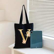 Sacola de Lona Preta Personalizada com Estampa Floral Dourada de Letra A-Z, Sacola de Compras da Moda, Bolsa de Uso Diário, Presente de Aniversário para Mulheres, Presente para Namorada, Lembrança Personalizada de Dama de Honra