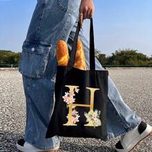 Sacola de Lona Preta Personalizada com Estampa Floral Dourada de Letra A-Z, Sacola de Compras da Moda, Bolsa de Uso Diário, Presente de Aniversário para Mulheres, Presente para Namorada, Lembrança Personalizada de Dama de Honra