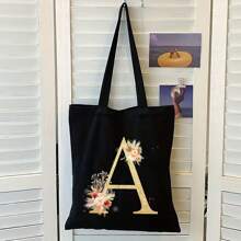 Sacola de Lona Preta Personalizada com Estampa Floral Dourada de Letra A-Z, Sacola de Compras da Moda, Bolsa de Uso Diário, Presente de Aniversário para Mulheres, Presente para Namorada, Lembrança Personalizada de Dama de Honra