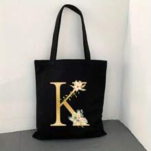 Sacola de Lona Preta Personalizada com Estampa Floral Dourada de Letra A-Z, Sacola de Compras da Moda, Bolsa de Uso Diário, Presente de Aniversário para Mulheres, Presente para Namorada, Lembrança Personalizada de Dama de Honra