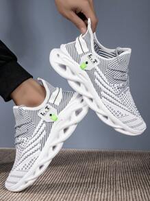 Men's Lightweight Rebound Non-Slip Running Shoes, Breathable Knit Casual Sports Shoes, Plus Size Road Running Shoes, Striped Lace-Up Vamp Design Wear-Resistant MD Outsole, Campus All Season, Lightweight Comfortable Shock-Absorbing Sports Shoes - 白色 - 查看 2