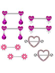 8pcs 316L Stainless Steel Heart & Flower Nipple Rings, Suitable For Women's Daily And Holiday Wear - Nipple Rings - View 7
