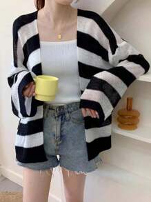 1pc Women Openwork Striped Cardigan Shrug Top, Lightweight And Loose, Sweet And Gentle V-Neck Style, Suitable For Spring And Autumn Accessories Women