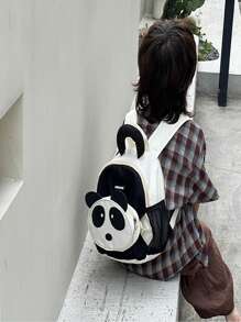 1pc Kids Panda Nylon Oxford Cloth Kindergarten Backpack, Zipper Closure Cute Cartoon School Bag, Suitable For Toddlers Everyday Casual Outings, All Seasons