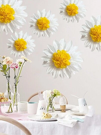 6pcs White & Yellow Daisy Tissue Paper Flowers Pom Poms Party Decorations, Suitable For Birthday, Wedding, Classroom Decor