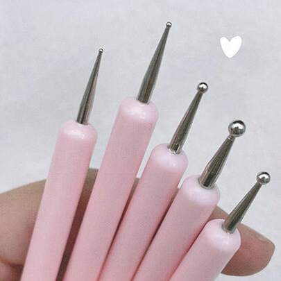 Bộ 5 bút chấm móng tay hai đầu, màu hồng.