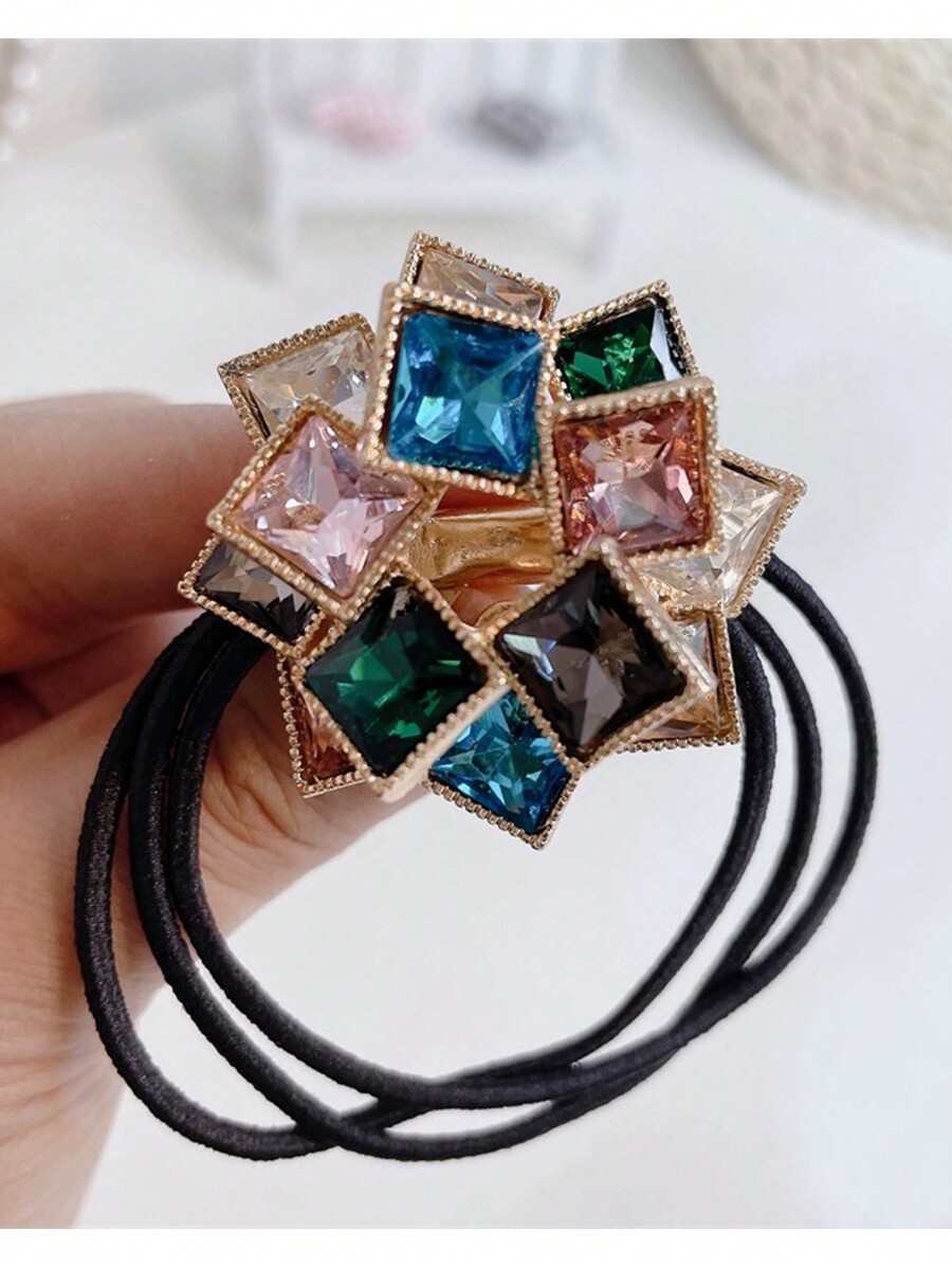 New Metallic Square Rhinestone Elastic Hair Tie, Women's Hair