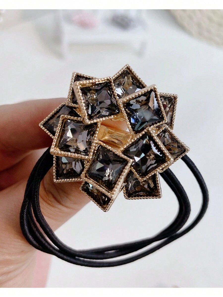 New Metallic Square Rhinestone Elastic Hair Tie, Women's Hair