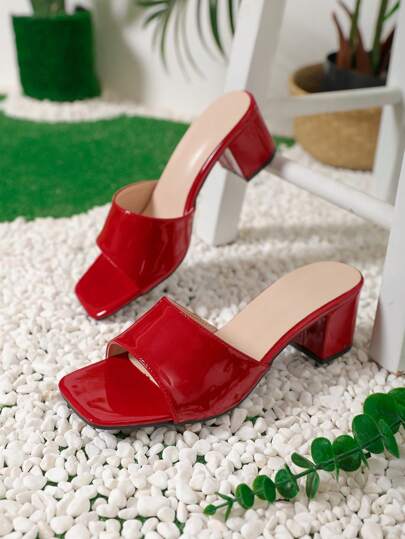 2025 时尚优雅女士红色高跟鞋，夏季时尚女士优雅红色高跟凉鞋，易穿脱粗跟方头穆勒鞋，亮面红色女鞋