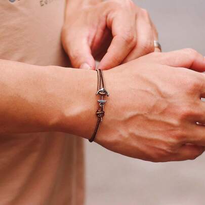 51Luckind Men's Adjustable Stainless Steel Anchor Rope Bracelet 2mm Rope Handmade Braided Viking Bracelet