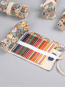 1pc Canvas Pencil Case, Large Capacity 12/24/36/48/72 Slots, Cartoon Cat Pattern, Unisex Colored Pencil Holder,Back To School,School Supplies,Stationery,Bag - Multicolor - View 3