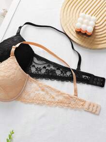 2PCS Women's Black/Apricot Floral Lace Underwire Push Up Bra, Small Chest/Bust Female Underwear With Back Closure, Sexy & Solid Color Lingerie For Small Breasts, Supportive Brassiere With Adjustable & Detachable Shoulder Straps, Comfortable & Breathable Fabric, Back With Lace Design, Suitable For Festival, Holidays, Couple Dates And Daily Use - Multicolor - View 5