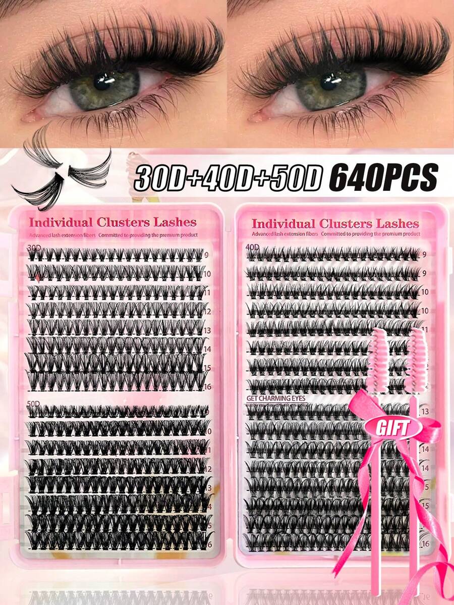 Conjunto de 640 racimos de pestañas individuales con capacidad grande 30D+40D+50D Rizo D 9-16mm DIY, con aspecto natural, extra grueso, suave y ligero, pestañas postizas individuales reutilizables, kit de extensión de pestañas con herramientas de maquillaje (2 cepillos para pestañas) para uso en el hogar o en movimiento para la vida diaria, bodas, fiestas, festivales de música y el Día de la Madre