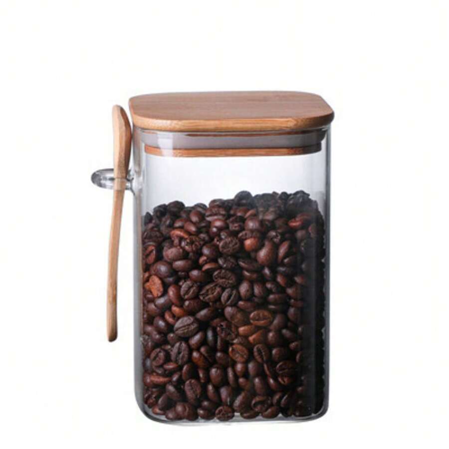 Kit 2 1l Square Glass Pots With Lid And Flat Bamboo Spoon - 棕色 - 查看 1
