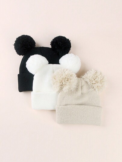 Set de 3 gorros de protección de oídos con doble pompón tejidos para bebés y niños pequeños, delgados y cálidos, de unicolor, versátiles, adecuados para primavera, otoño e invierno