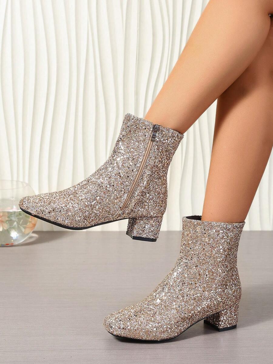 Botas de moda con puntera redonda, tacón grueso y brillo para mujeres de talla grande, botines brillantes y lindos para otoño e invierno