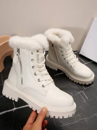 Women's Furry Lined Solid Color Fleece Winter Warm Outdoor Ankle Boots, Fashion Match Cardigan, Thermal Lined Snow Boots Fur Lining Boots Suitable For Women Fashion Boots With Cardigan, Ideal With Sweater,Boots For Women