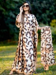 1 chiếc khăn choàng dài thanh lịch bằng lụa giả hình học kaki dành cho nữ thích hợp cho du lịch biển họa tiết da báo - Nhiều màu - Xem 1