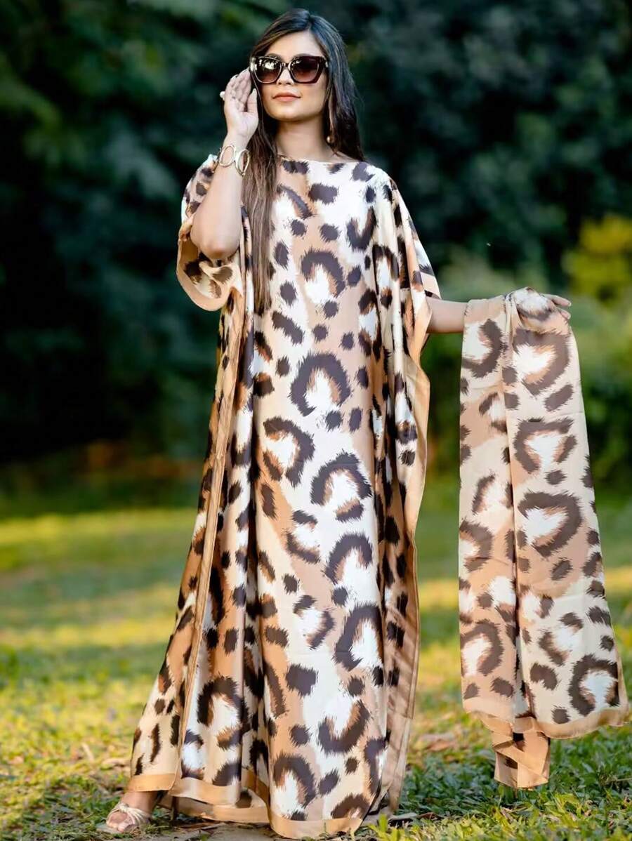 1 chiếc khăn choàng dài thanh lịch bằng lụa giả hình học kaki dành cho nữ thích hợp cho du lịch biển họa tiết da báo - Nhiều màu - Xem 1