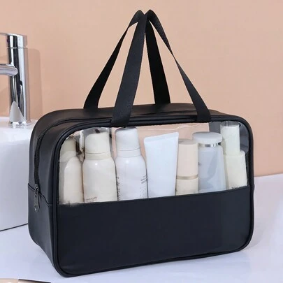 1pc Black PU Leather Clear Wash Bag With Zipper, Portable Waterproof Organizer Toiletry Travel Bag Large Capacity Multi-Function Transparency PVC Storage Makeup Bag For Bathroom Portable Swimming Fitness Bag Tropical Coastal Vibes Beach Bag For Men And Women Back To School Supplies