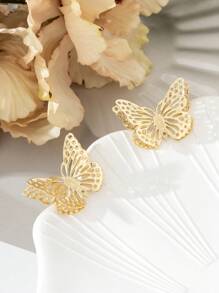 1 Pair Minimalist Hollow Butterfly Stud Earrings For Women - Yellow Gold - View 2