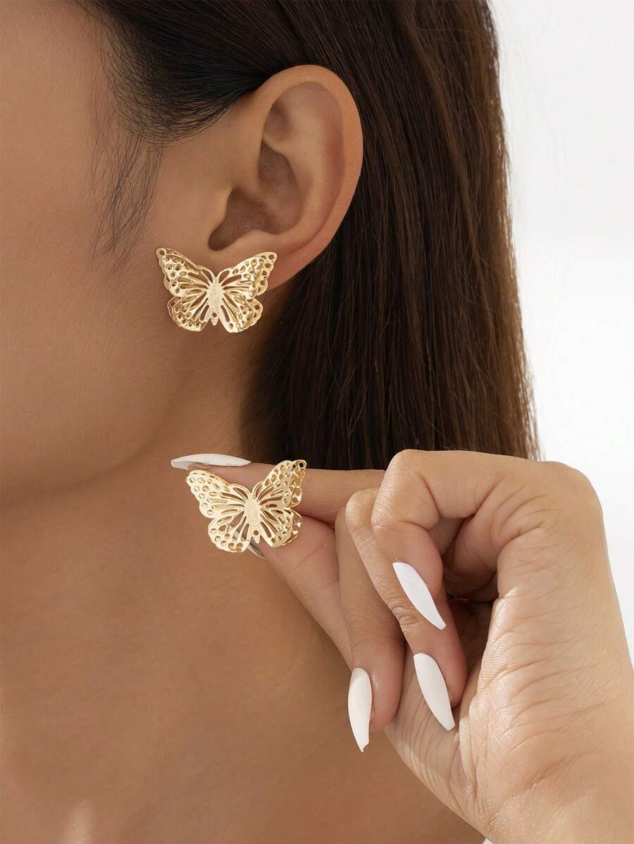1 Pair Minimalist Hollow Butterfly Stud Earrings For Women - Yellow Gold - View 1