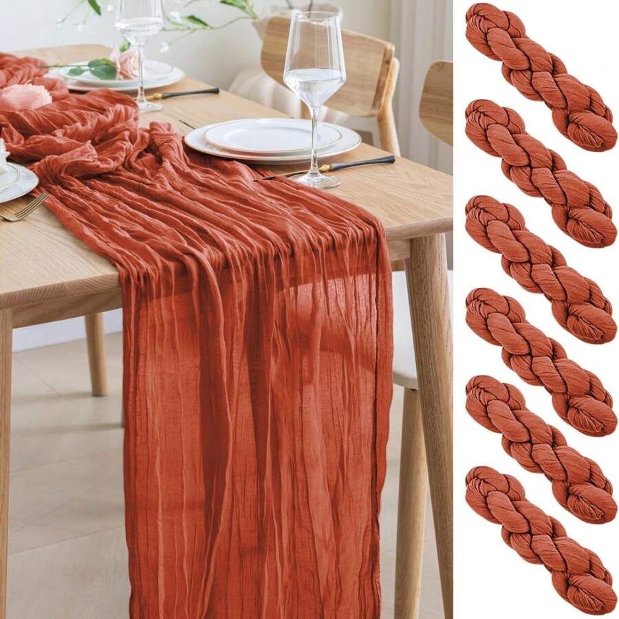6pcs Rust Red Cheese Cloth Table Runners, Boho Sheer Chiffon Table Flags, Transparent Gauze Table Decor For Wedding Bride Birthday Party