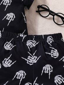 男婴万圣节两件套套装，骷髅印花口袋夏季清凉短袖衬衫和短裤套装，休闲风格，万圣节套装 - 黑色 - 查看 5