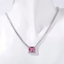 VKHK 1pc Luxury Full Crystal Stainless Steel Chain Pendant Necklace, Suitable For Women Everyday Or Wedding Wear Gift - Silver - View 9