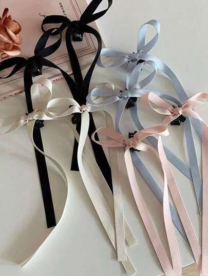2pcs Sweet Satin Bow Hair Clips With Long Ribbon Tails, Random French Ribbon Tie Side Clips For Pigtails, Girl Hair Accessories