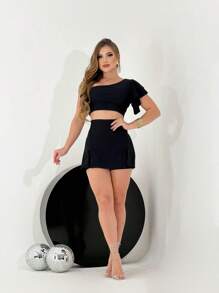 Short Skirt And Cropped Set Mesh Riding Short Women's Set - 黑色 - 查看 1