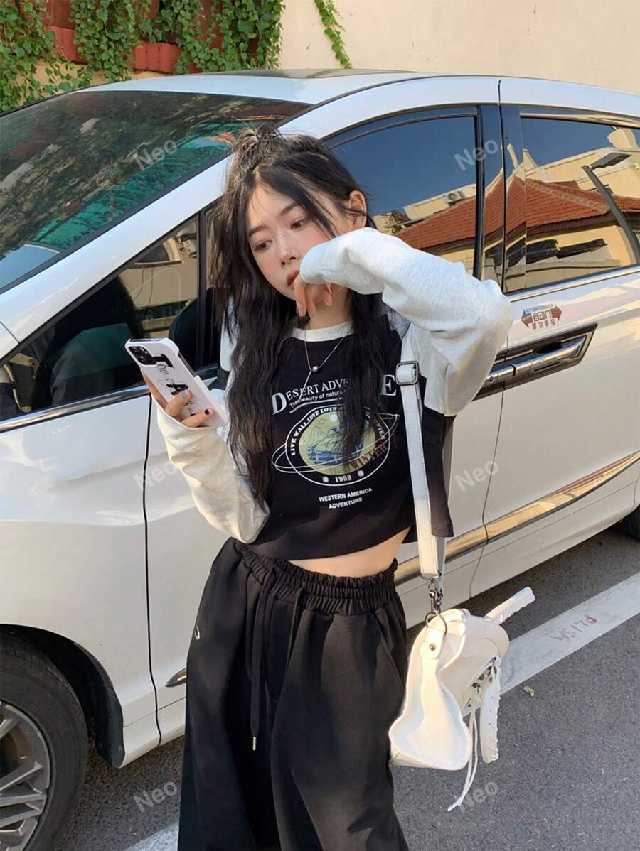 Cropped Colorblock Long Sleeve T-Shirt