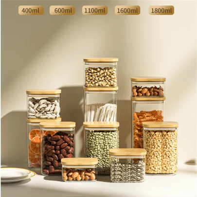 大容量密封玻璃食品储存罐，方形硼硅酸盐玻璃罐，适用于厨房、食品和香料海鲜煮沸