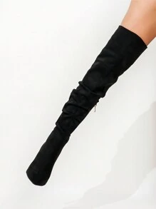 时尚搭配毛衣，女士过膝长靴细跟加大码仿麂皮侧拉链长筒靴适合秋冬季 - 黑色 - 查看 6