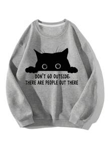 Tween Girls Slogan & Cat Graphic Print Crew Neck Sweatshirt, Casual Long Sleeve Knitted Top - Grey - View 1