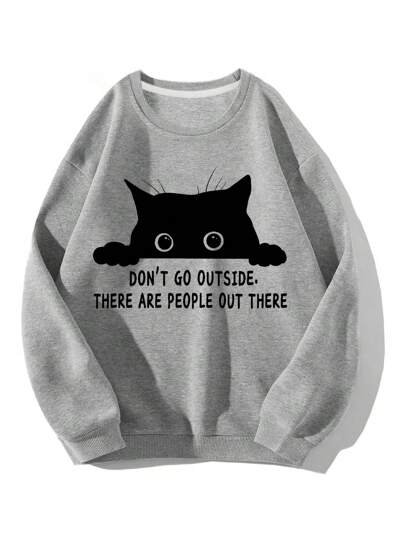Tween Girls Slogan & Cat Graphic Print Crew Neck Sweatshirt, Casual Long Sleeve Knitted Top