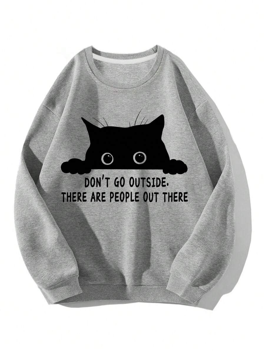 Tween Girls Slogan & Cat Graphic Print Crew Neck Sweatshirt, Casual Long Sleeve Knitted Top - Grey - View 1