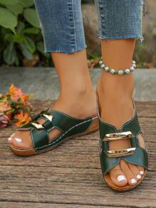 Plus Size (36-45) Mulheres Verão Versátil Verde Escuro Fivela de Metal Biqueira Aberta Salto Cunha Sandálias de Sola Grossa, Uso Casual, Resort de Praia, Slip-On Confortável - Verde escuro - Ver 5