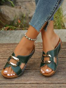 Plus Size (36-45) Mulheres Verão Versátil Verde Escuro Fivela de Metal Biqueira Aberta Salto Cunha Sandálias de Sola Grossa, Uso Casual, Resort de Praia, Slip-On Confortável - Verde escuro - Ver 4