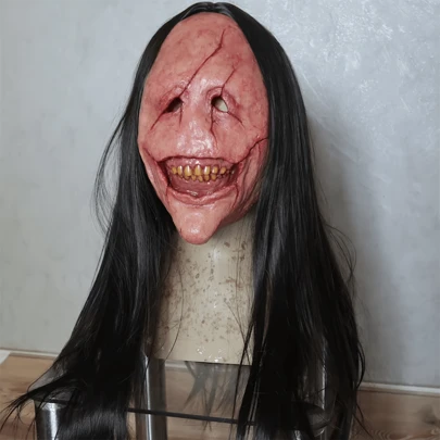 Mască de demon cu păr lung, zâmbet înfiorător, mască de demon cu față cu cicatrice roșie, mască de latex cu gură deschisă și față roșie, perucă, mască de Halloween, recuzită pentru petrecere de costume