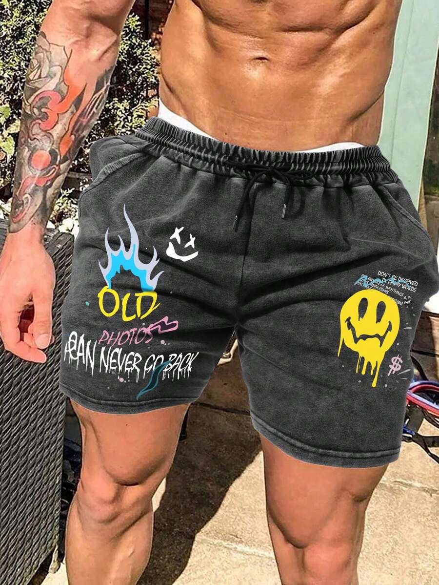 Herren Mode Destroyed Grafik Gesichts- und Buchstaben Muster Lässig Shorts - Schwarz - Übersicht 1