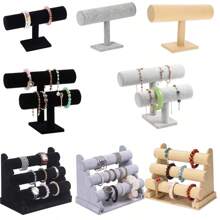 1/2/3 层天鹅绒/亚麻黑、灰色手镯/手表/项链展示架，适用于珠宝柜或家用储物架 - T型絨布手鐲架 - 查看 6