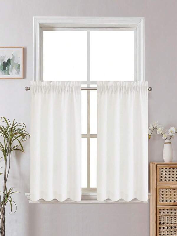 1pc Linen Look Solid Color Kitchen Short Curtain, 230g/㎡ Lightweight Semi-Sheer Simple Style Window Curtains For Bedroom, Living Room, UV Protection