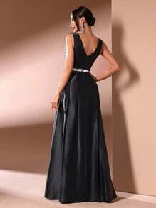 Abiti da sera lunghi da donna con scollo a V senza maniche in raso, con paillettes e cintura, per cerimonie