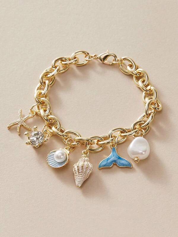 1pc Adjustable Starfish, Shell, Fish Tail Decor Chain Bracelet - Fashionable & Elegant