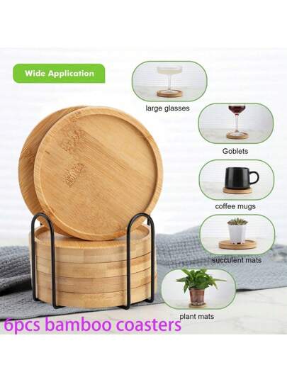 Conjunto de 6 porta-copos de bambu, tampas de formatos variados, incluindo redondos, quadrados, em formato de coração e hexagonais, adequados para xícaras de café, vasos de flores, copos, bandejas para bebidas, bandejas criativas feitas à mão, decoração de mesa para casa e escritório (Observação: este produto é feito de bambu e o padrão e a textura da superfície podem ser ligeiramente diferentes da imagem)