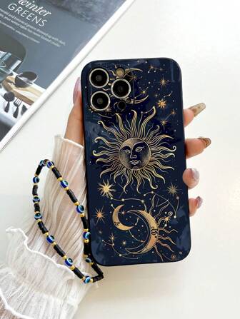 1 pieza Funda de teléfono a prueba de golpes con patrón de tótem sol y luna de TPU negro y 1 pieza Cordón de muñeca negro compatible con Apple/Funda de teléfono a juego/Funda de teléfono con correa/Funda de teléfono con correa de muñeca/Funda de teléfono divertida/Funda de teléfono Android/Funda de teléfono/Funda de teléfono/Funda de teléfono OPPO