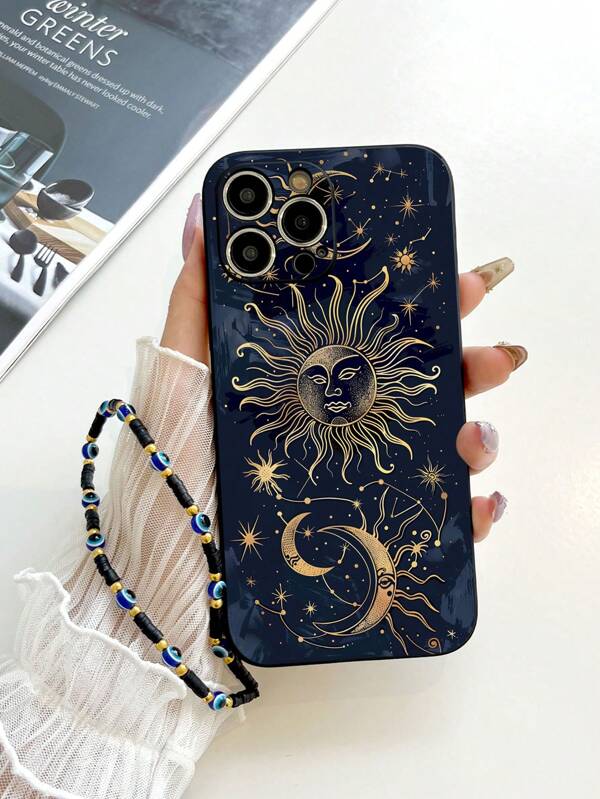 1 Peça Capa de Telefone à Prova de Choque com Padrão de Totem Sol e Lua em TPU Preto e 1 Peça Cordão de Crachá com Olho Preto Compatível com Apple/Capa de Telefone Combinada/Capa de Telefone com Alça/Capa de Telefone com Alça de Pulso/Capa de Telefone Engraçada/Capa de Telefone Android/Capa de Telefone/Capa de Telefone/Capa de Telefone OPPO