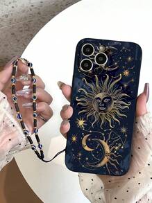 1 件黑色 TPU 太阳和月亮图腾图案防震手机壳和 1 件黑色眼带挂绳，适用于 Apple/配套手机壳/带表带的手机壳/腕带手机壳/趣味手机壳/Android 手机壳/手机壳/手机壳/OPPO 手机壳 - 彩色 - 查看 5